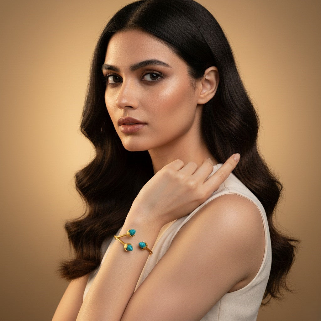 BlossomGlow Bangle – Gold-Toned –  Cyan Blue