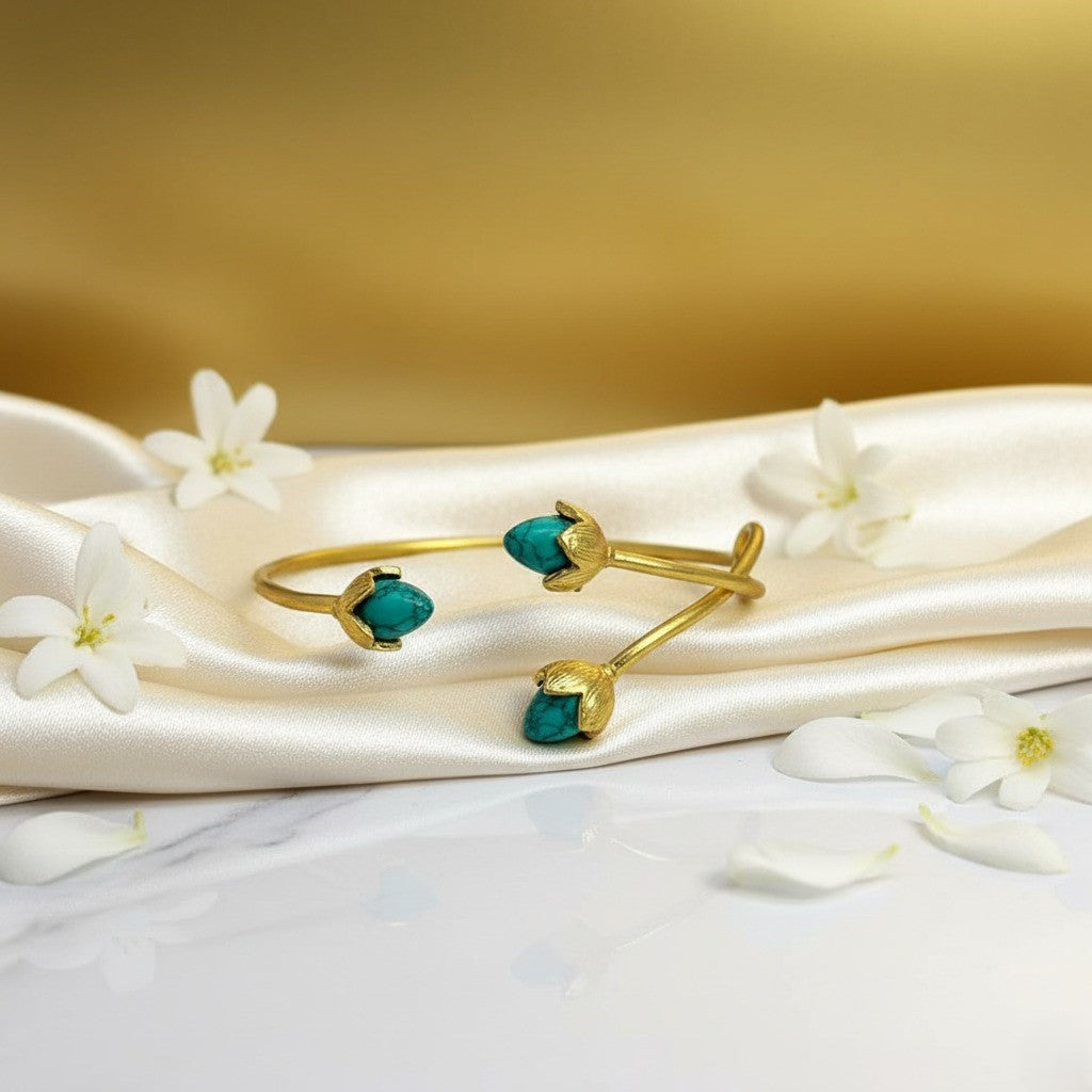 BlossomGlow Bangle – Gold-Toned –  Cyan Blue
