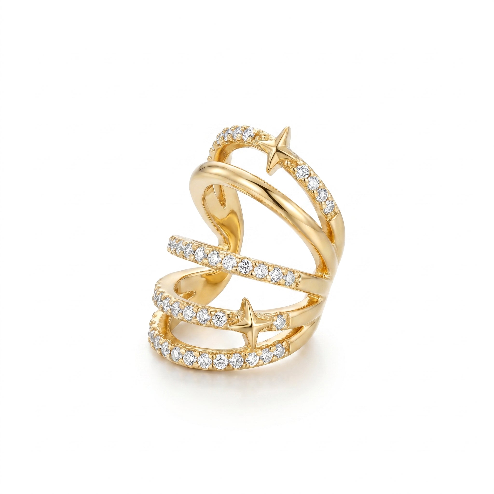Triple Band CZ Star Ring – Gold Open Fashion Statement Ring