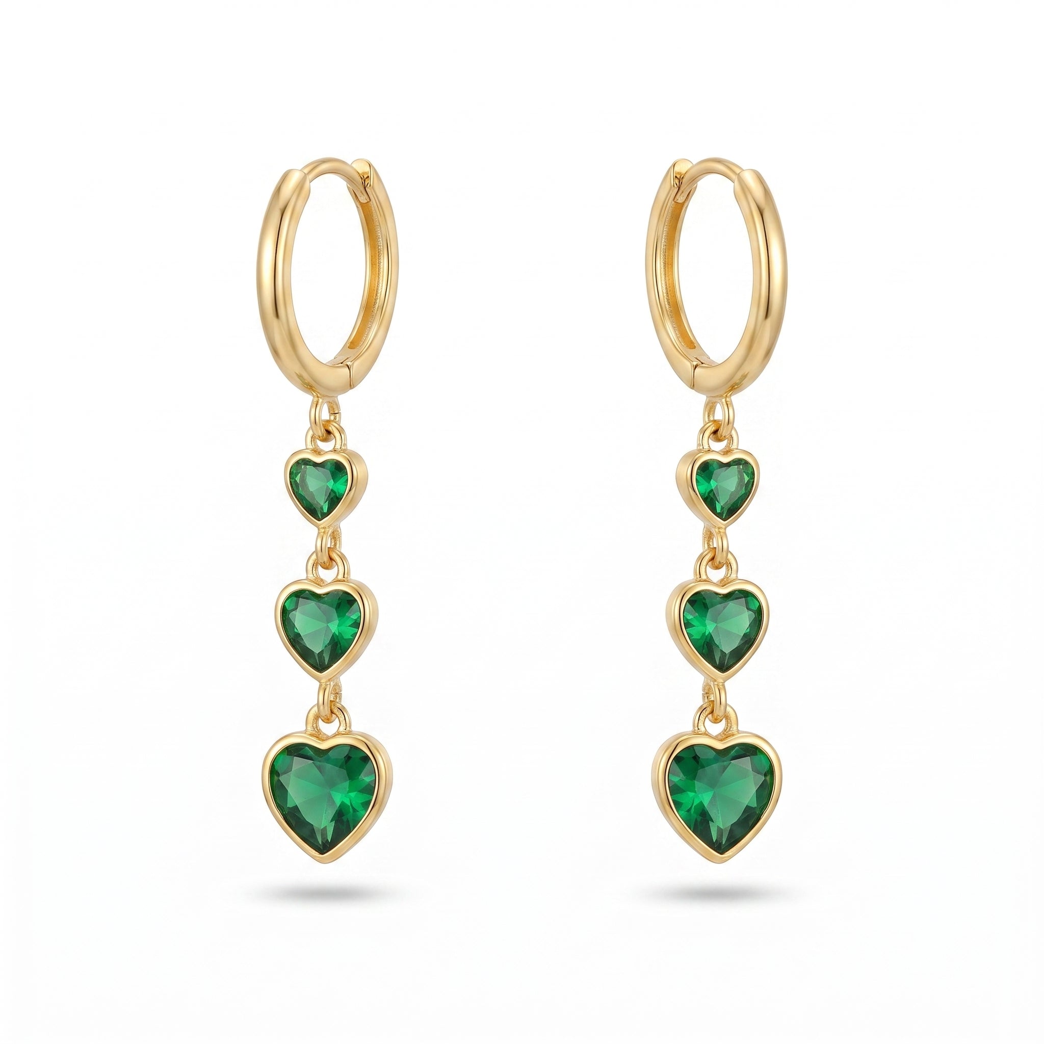 Triple Emerald Heart Drop Earrings – Gold Huggie Fashion Earrings