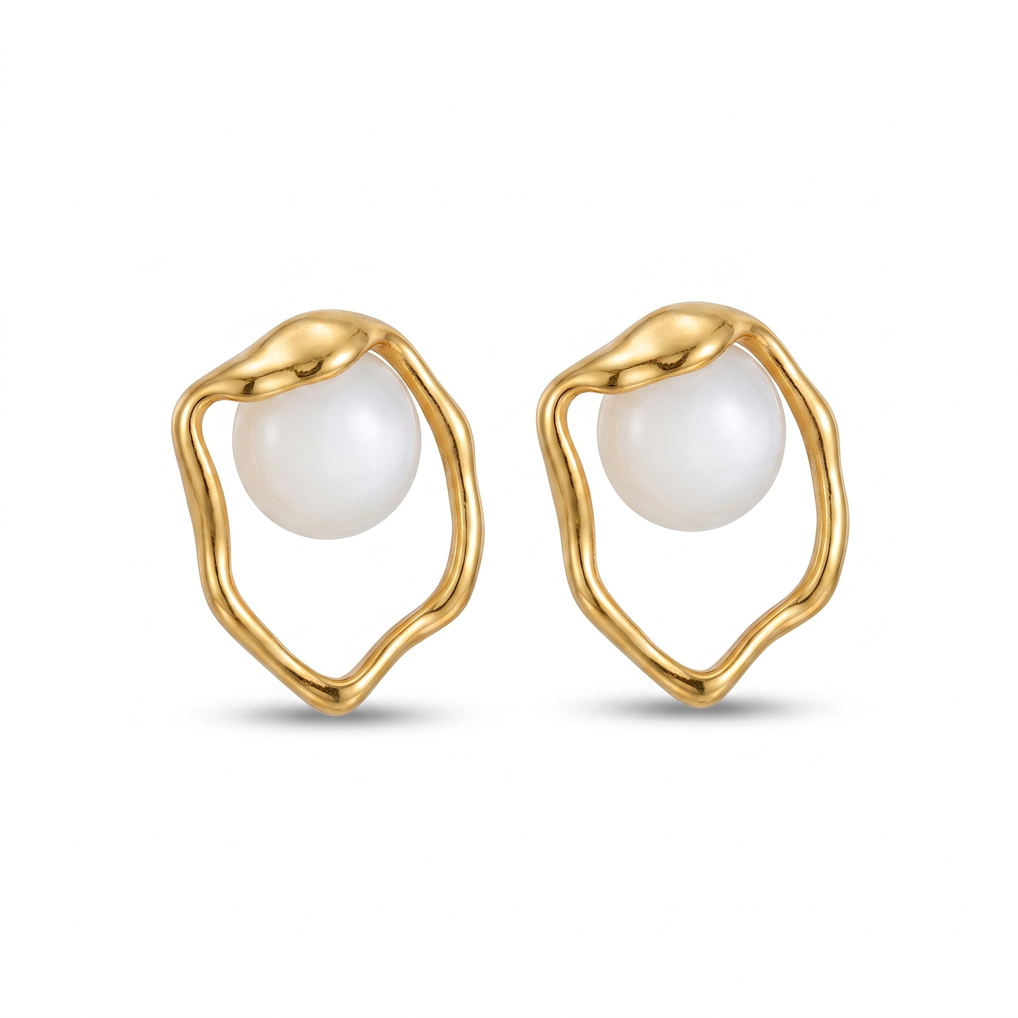 Organic Pearl Frame Stud Earrings – Gold Sculptural Fashion Jewellery