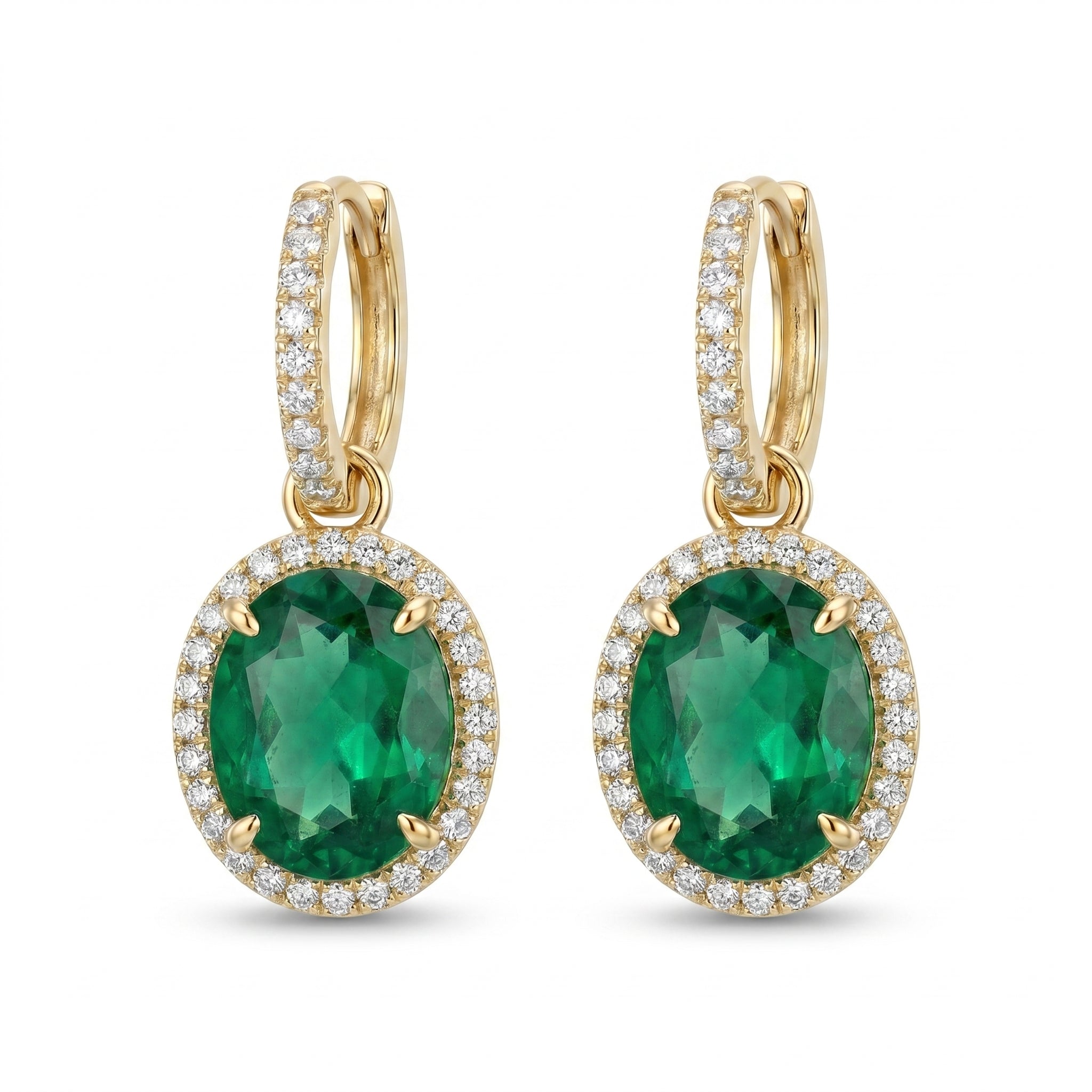 Oval Emerald Halo Drop Earrings – Gold Luxury Fashion Earrings